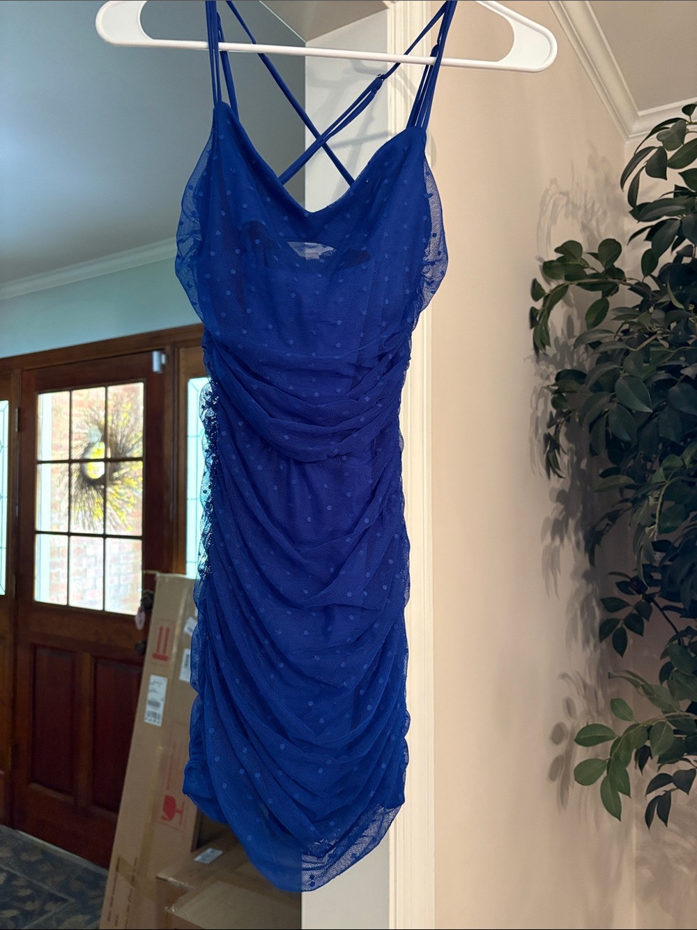 Lucy in the Sky Royal Blue Ruched Spaghetti-Strap Stretchy Mini Dress